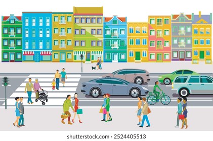 City with car traffic and pedestrians, illustration