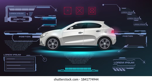 Stadtauto-Vektor. Futuristische Benutzeroberfläche. HUD UI. Abstrakte virtuelle grafische TouchBenutzeroberfläche. Autos Infografik. Autooptionen. Diagnose und Zustand