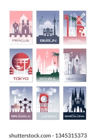 City cards set, landscape template of flyer, poster, book cover, banner, Berlin, Paris, Tokyo, Istanbul, Brussels, New York, London, Barcelona vector illustrations