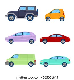 City Cars Icons Set with Sedan, Van and Offroad Vehicle. Vector illustration