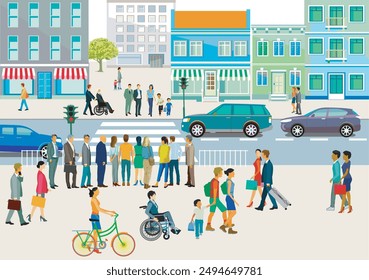 city with cars and pedestrians on the zebra crossing, illustration