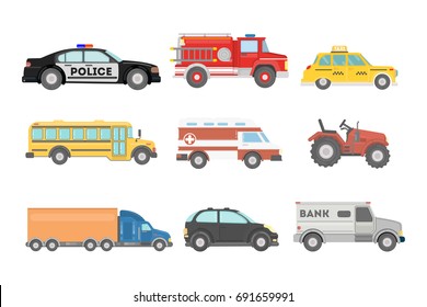 City cars set. Police and school bus, truck and ambulance.