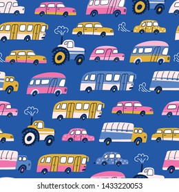 City cars, tractors and publish vehicles transport.Vector seamless pattern. Traffic jam. Cute baby boy design for fabric, wallpaper or wrap paper.