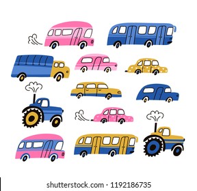 City cars and vehicles transport vector flat icons set. Car vehicle, publish transport and tractor isolated on the white background. Vector illustration