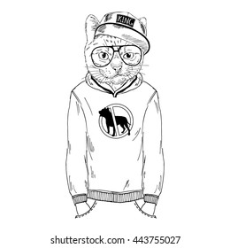 city cat dressed up in hoodie, furry art illustration, fashion animals