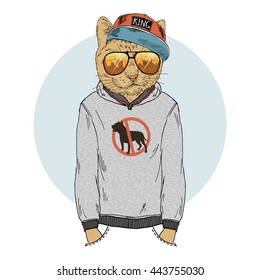 city cat dressed up in hoodie, furry art illustration, fashion animals