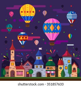 City celebration! Carnival with huge balloons, night cityscape, sky full of firework lights, cozy european street, air balloon festival. Flat vector illustration set. 
