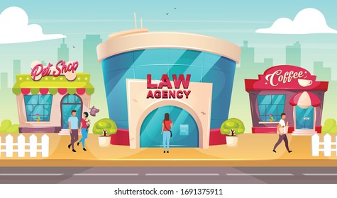 City center flat color vector illustration. Retail building storefronts with people outside. Pet shop near road. Law agency exterior. Local 2D cartoon cityscape with sidewalk on background