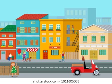 City center street with people and transport, flat illustration.