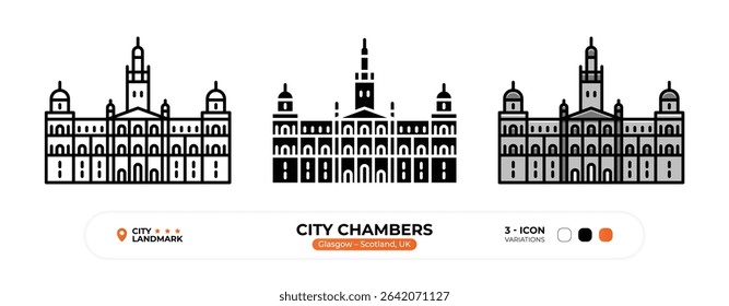 Ícone de Linha de Câmaras de Cidade. Glasgow, Escócia, Reino Unido, Marco, Silhueta, Vetor de cores, Traço editável.