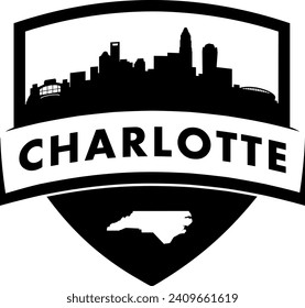 City of Charlotte North Carolina black and white shield style city buildings silhouette shield graphic with knockout white outline of the state border shape under name. Vector eps design. 