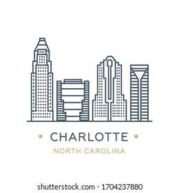 Charlotte, estado de Carolina del Norte. Icono de línea de la famosa y más grande ciudad de Estados Unidos. Icono de esquema para web, móvil e infografía. Lugares emblemáticos y edificios famosos. Ilustración del vector, aislado en blanco