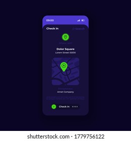 City check in app smartphone interface vector template. Mobile app page night theme design layout. Visited location on screen. Flat UI for application. Map with GPS mark on phone display