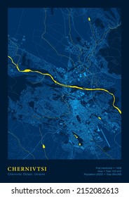 City Chernivtsi Ukraine Vector Poster Highly Detailed Map In Patriotic National Yellow Blue Flag Colors. City Transport System Cartography Includes Map Features Buildings Roads And Water Objects