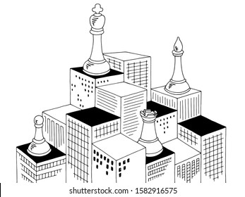City chess graphic black white cityscape sketch illustration vector