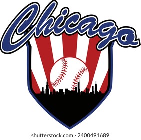 City of Chicago Illinois skyline silhouette baseball icon with ball inside home plate shaped shield and script lettering above. Vector eps graphic design.