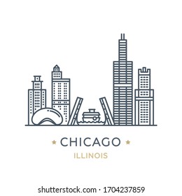 Ciudad de Chicago, estado de Illinois. Icono de línea de la famosa y más grande ciudad de Estados Unidos. Icono de esquema para web, móvil e infografía. Lugares emblemáticos y edificios famosos. Ilustración vectorial, aislado en blanco. 