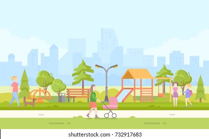 City children playground - modern cartoon vector illustration with skyscrapers on the background. Recreation with slide, bench, merry-go-round, swing, lantern. Mother walking with baby carriage