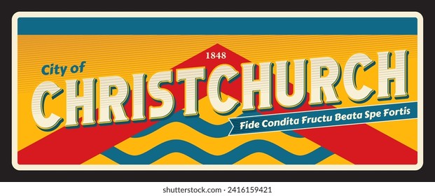 City of Christchurch in South Island in New Zealand. Vector travel plate or sticker, vintage tin sign, retro vacation postcard or journey signboard, luggage tag. Plaque with flag and motto