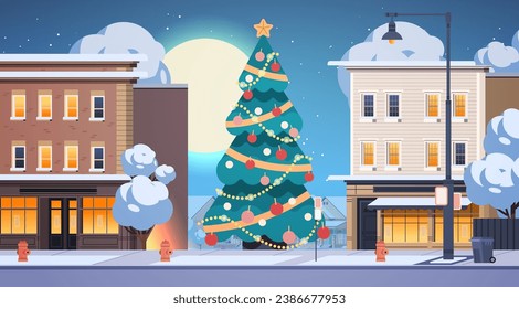 City Christmas tree. Small Holiday town. Flat vector illustration
