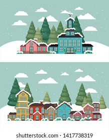 city with church in snowscape