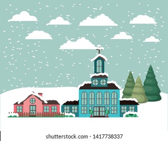 city with church in snowscape
