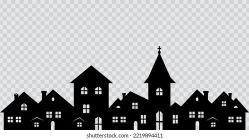 City with church and town hall, black silhouette on checkered background, window decoration, vector illustration, transparency