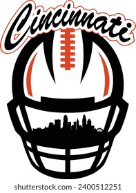 City of Cincinnati Ohio downtown buildings skyline silhouette inside face mask of football helmet with laces and script lettering above. Vector eps graphic design.