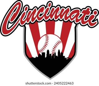 City of Cincinnati Ohio skyline silhouette baseball icon with ball inside home plate shaped shield and script lettering above. Vector eps graphic design.