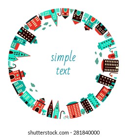 City in circle. Buildings and parks around. Vector illustration