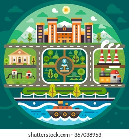 City Circle Landscape. Different buildings: University, school, library, children play ground, factory, plant, nice park with fountain, dock with a bot. Flat vector stock illustration set. 