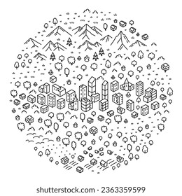City circle map. Editable outline. Vector line illustration sketch.