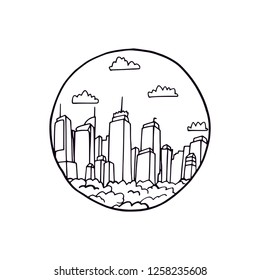 City in a circle outline silhouette background vector illustration shape design. Town with skyscrapers and modern architecture in a round shape. Simple shaped buildings logo landmark landscape.