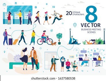 City Citizens, Company Employees, Freelancers or Students Life Scenes, Work Situations, Distance Work, Social Networks Addiction, Office Work, City Travel Concepts Trendy Flat Vector Illustrations Set