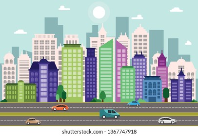 City Cityscape Skyline Landmark Building Traffic Street Illustration