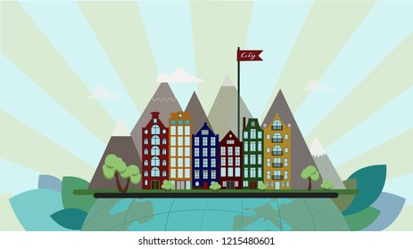 City Cityscape Skyline Landscape Building Street Design Family houses in small town and mountains with green trees in background Vector Illustration