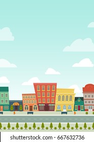 City cityscape street panorama houses line roads park bench shop in cool cartoon flat minimal style. Vector illustration place for your text postcard