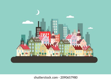 Ciudad - paisaje urbano - ilustración de diseño plano del vector del pueblo