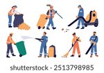 City cleaners. Street wipers collect garbage. People gathering urban trash. Waste containers and recycle vacuum devices. Janitors with dustbins and brooms. Garish vector