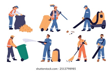 City cleaners. Street wipers collect garbage. People gathering urban trash. Waste containers and recycle vacuum devices. Janitors with dustbins and brooms. Garish vector