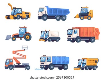 City cleaning machines. Urban municipal emergency cars, technic garbage truck street sweeper for wash roads, auto vehicle cleaners tractors cartoon set classy vector illustration original artwork