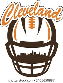 City of Cleveland Ohio downtown buildings skyline silhouette inside face mask of football helmet with laces and script lettering above. Vector eps graphic design.