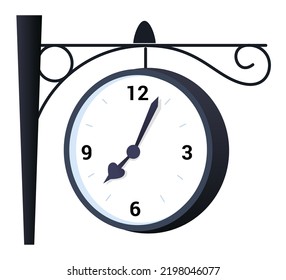 Reloj de ciudad - moderno diseño plano de un solo objeto aislado. Imagen detallada del reloj colgando en la estación de la ciudad. Detalles de la arquitectura, monumentos históricos, idea urbana, del centro