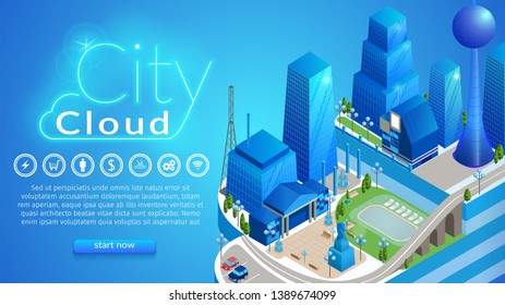 Banner horizontal de nube de ciudad con espacio para copiar. Resumen de Metropolis Digital Futurista con Infraestructura, , Servicio de Red de Alta Tecnología, Concepto de Tecnología Digital IOT Isometric Vector Illustración 3D
