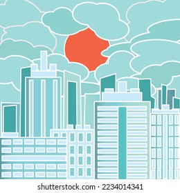 The city in the clouds against the background of the orange sun in the Japanese style. Blue and orange color a vector illustration in a flat minimalist style.