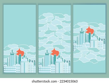 La ciudad en las nubes sobre el fondo del sol naranja al estilo japonés. Color azul y naranja en un conjunto de ilustraciones vectoriales en un estilo minimalista plano.