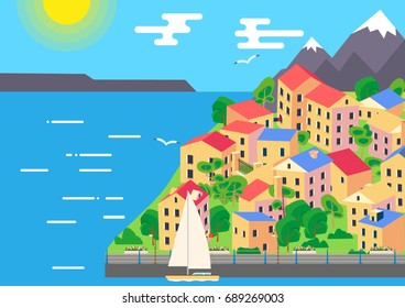 City at coast or beachfront ocean island with houses or hotels. Sea waves and yacht or seagulls for summer travel or holiday vacations trip or cruise design. Vector flat seascape beach illustration