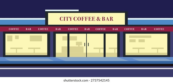 City Coffee and Bar Storefront in Flat Design Style. Night coffee store. Coffee house. Bar building. City light store. Coffee shop