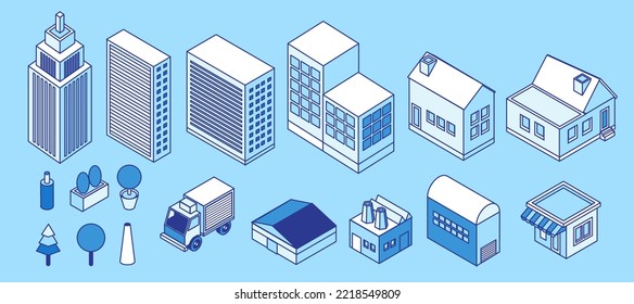 paisaje de colección de ciudades ilustración vectorial isométrica con árbol de cafés y bus de carga de la casa de construcción