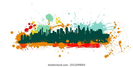 City colorful silhouette with blots. hand drawing. Not AI. Vector illustration.